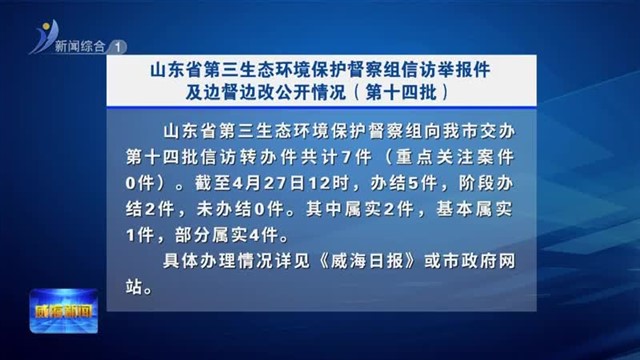 山东省第三生态环境保护督察组信访举报件及边督边改公开情况（第十四批）【威海广电讯】